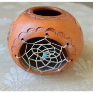 Navajo Pottery Handmade Etched, Painted. Yei Kachinas & a Dreamcatcher Signed KY